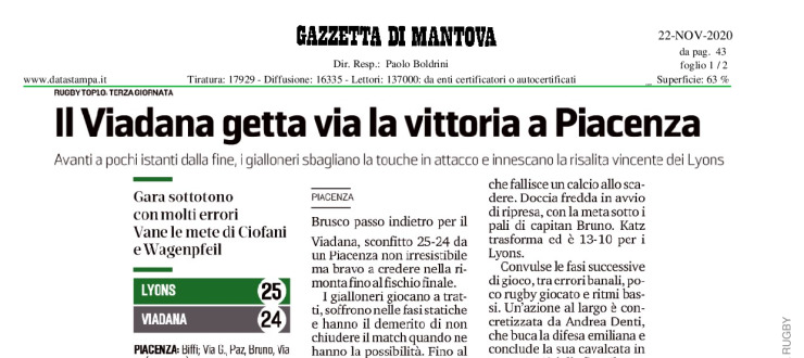 Il VIadana getta via la vittoria a Piacenza