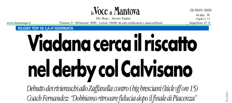 Viadana cerca il riscatto nel derby col Calvisano
