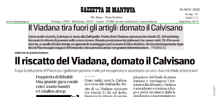 Il riscatto del Viadana, domato il Calvisano