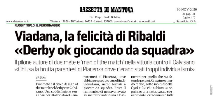 Viadana, la felicità di Ribaldi: "Derby ok giocando da squadra"