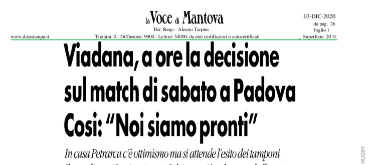 Viadana, a ore la decisione sul match di sabato a Padova. Cosi: "Noi siamo pronti"