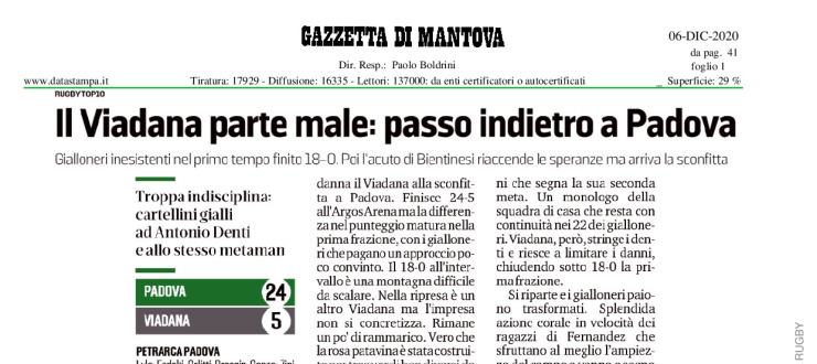 Il Viadana parte male: passo indietro a Padova