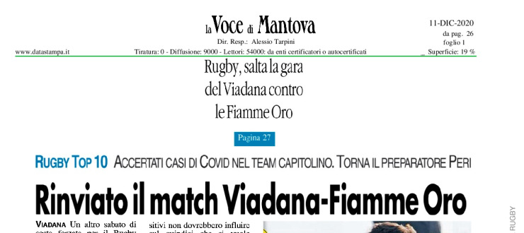 Rinviato il match Viadana-Fiamme Oro