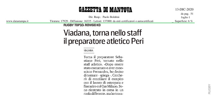 Viadana, torna nello staff il preparatore atletico Peri