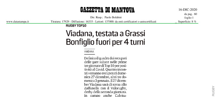 Viadana, testata a Grassi. Bonfiglio fuori per 4 turni