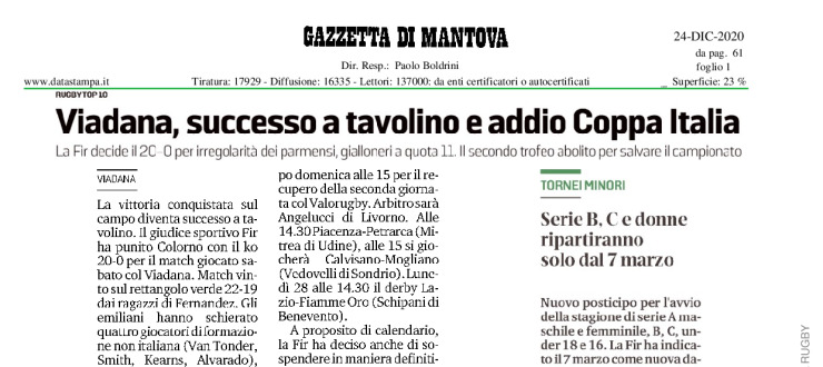 Viadana, successo a tavolino e addio Coppa Italia