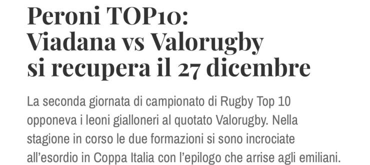 Peroni TOP10: Viadana vs Valorugby si recupera il 27 dicembre