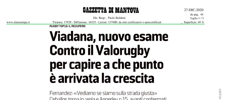 Viadana, nuovo esame. Contro il Valorugby per capire a che punto è arrivata la crescita.