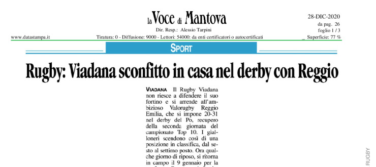 Rugby: Viadana sconfitto in casa nel derby con Reggio