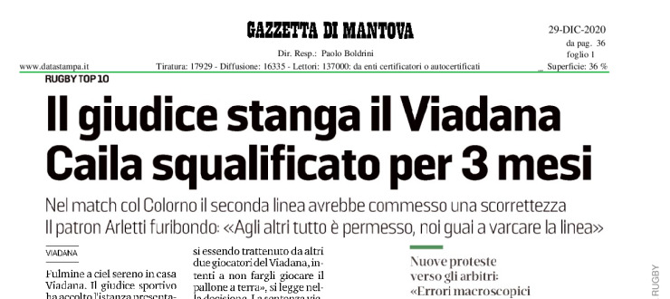 Il giudice stanga il Viadana. Caila squalificato per 3 mesi