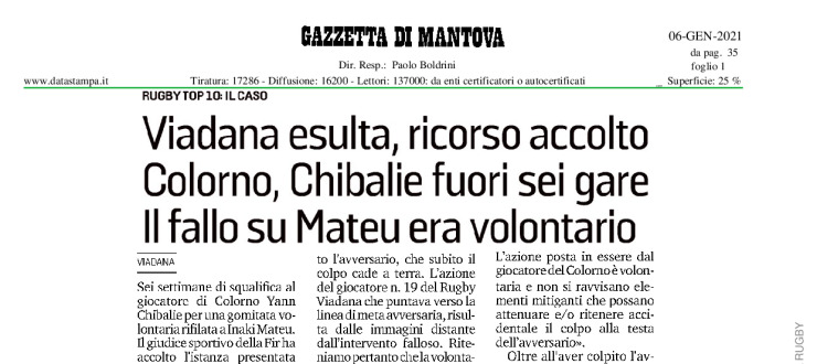 Viadana esulta, ricorso accolto. Colorno, Chibalie fuori sei gare. Il fallo su Mateu era volontario