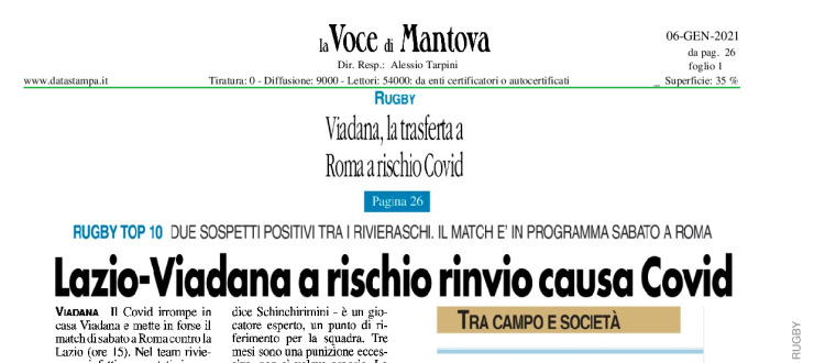 Lazio-Viadana a rischio rinvio causa Covid.