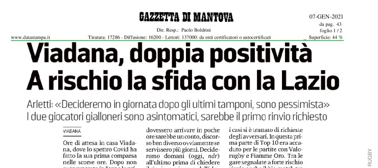 Viadana, doppia positività. A rischio la sfida con la Lazio. 