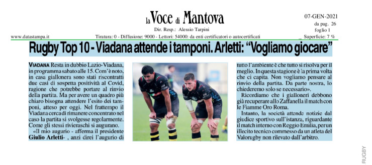 Rugby TOP10. Viadana attende i tamponi. Arletti: "Vogliamo giocare"