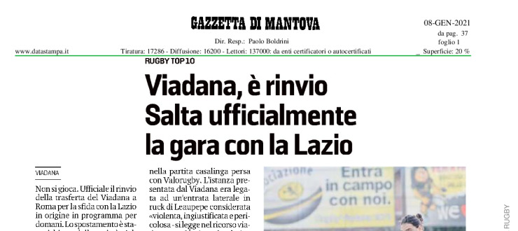 Viadana, è rinvio. Salta ufficialmente la gara con la Lazio