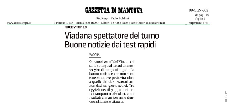 Viadana spettatore del turno. Buone notizie dai test rapidi