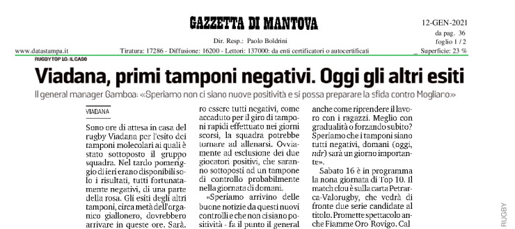 Viadana, primi tamponi negativi. Oggi gli altri esiti.