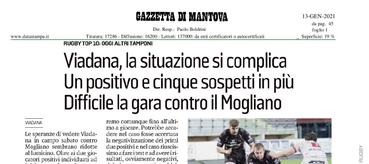 Viadana, la situazione si complica. Un positivo e cinque sospetti in più. Difficile la gara contro il Mogliano.