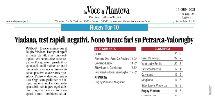 Viadana, test rapidi negativi. Nono turno: fari su Petrarca-Valorugby