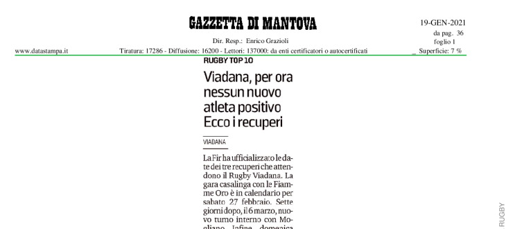 Viadana, per ora nessun nuovo atleta positivo. Ecco i recuperi 