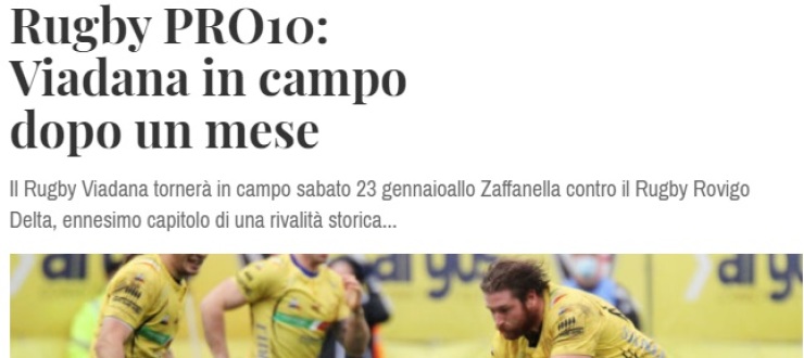 Rugby PRO10: Viadana in campo dopo un mese