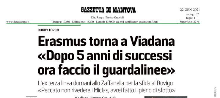 Erasmus torna a Viadana "Dopo 5 anni di successi ora facio il guardalinee"