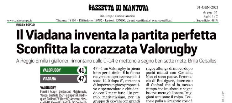 Il Viadana inventa la partita perfetta. Sconfitta la corazzata Valorugby