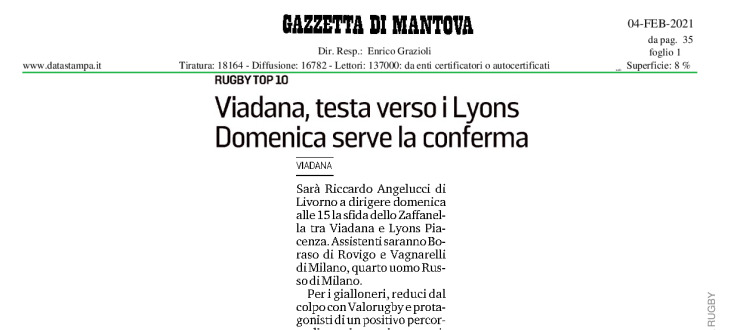 Viadana, testa verso i Lyons. Domenica serve la conferma