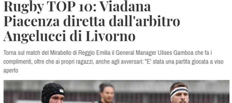 Rugby TOP 10: Viadana Piacenza diretta dall'arbitro Angelucci di Livorno