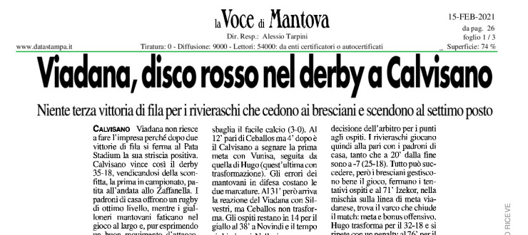 Viadana, disco rosso nel derby a Calvisano