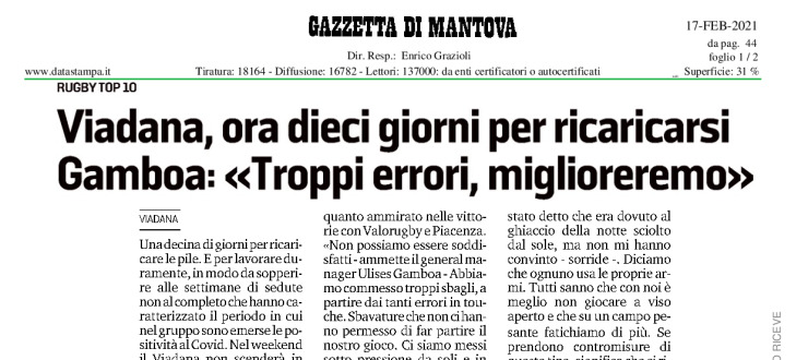 Viadana, ora dieci giorni per ricaricarsi. Gamboa "Troppi errori, miglioreremo"