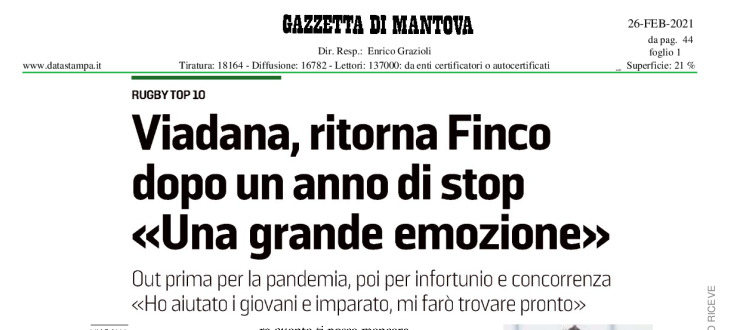 Viadana, ritorno Finco dopo un anno di stop "Una grande emozione"