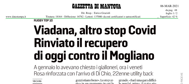 Viadana, altro stop Covid. Rinviato il recupero di oggi contro il Mogliano
