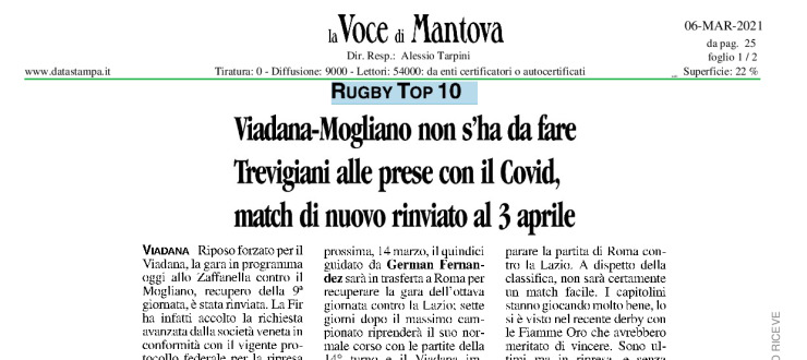 Viadana-Mogliano non s'ha da fare. Trevigiani alle prese con il Covid, match di nuovo rinviato al 3 aprile
