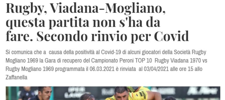 Rugby, Viadana-Mogliano, questa partita non s'ha da fare. Secondo rinvio per Covid