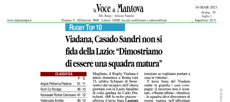 Viadana, Casado Sandri non si fida della Lazio: "Dimostriamo di essere una squadra matura"