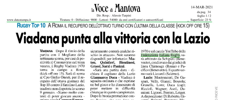 Viadana punta alla vittoria con la Lazio