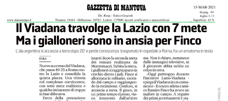 Il Viadana travolge la Lazio con 7 mete. Ma i gialloneri sono in ansia per Finco.