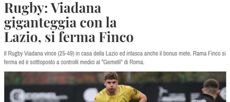 Rugby: Viadana giganteggia con la Lazio, si ferma Finco