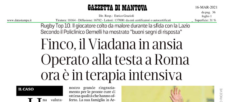 Finco, il Viadana in ansia. Operato alla testa a Roma. Ora è in terapia intensiva