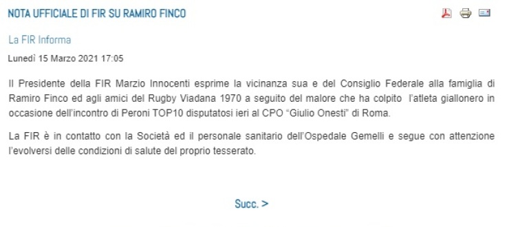 NOTA UFFICIALE DI FIR SU RAMIRO FINCO