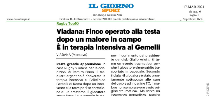 Viadana: Finco operato alla testa dopo un malore in campo. E' in terapia intensiva al Gemelli