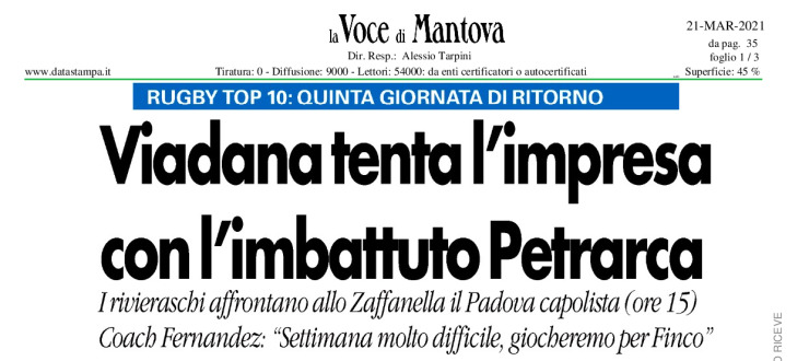 Viadana tenta l'impresa con l'imbattuto Petrarca