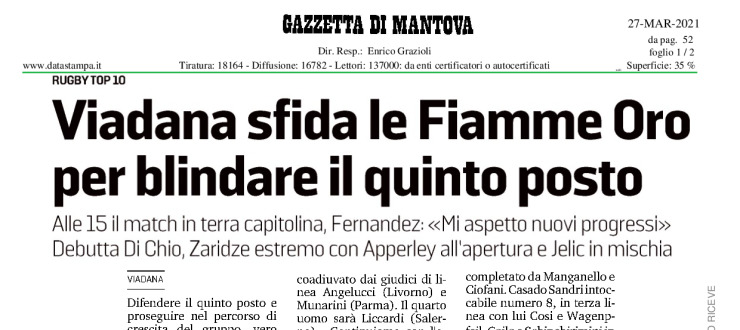 Viadana, sfida le Fiamme Oro per blindare il quinto posto