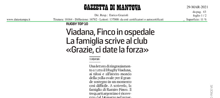 Viadana, Finco in ospedale. La famiglia scrive al club "Grazie, ci date la forza"