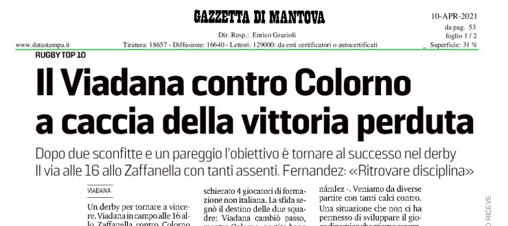 Il Viadana contro Colorno a caccia della vittoria perduta 