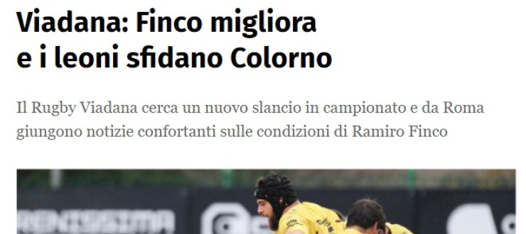 Viadana: Finco migliora e i leoni sfidano Colorno
