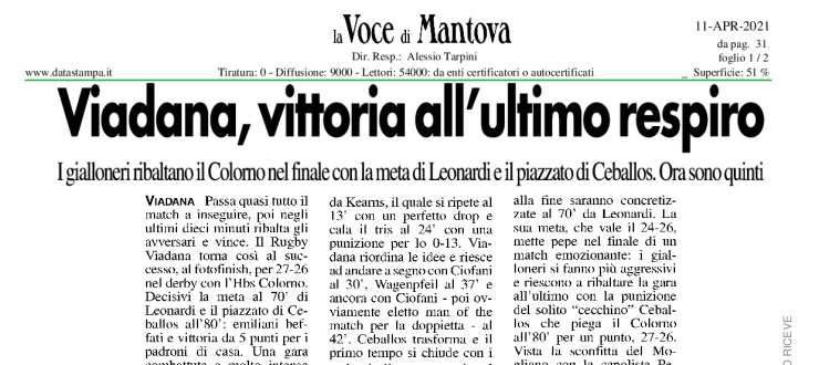 Viadana, vittoria all'ultimo respiro