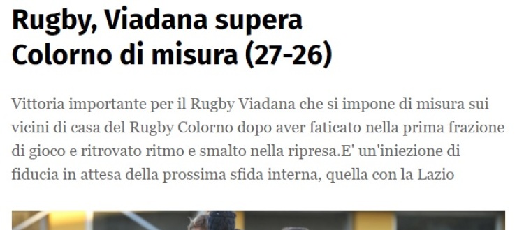Rugby, Viadana supera Colorno di misura (27-26)