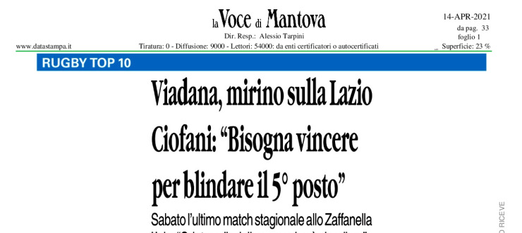 Viadana, mirino sulla Lazio. Ciofani: "Bisogna vincere per blindare il 5° posto"